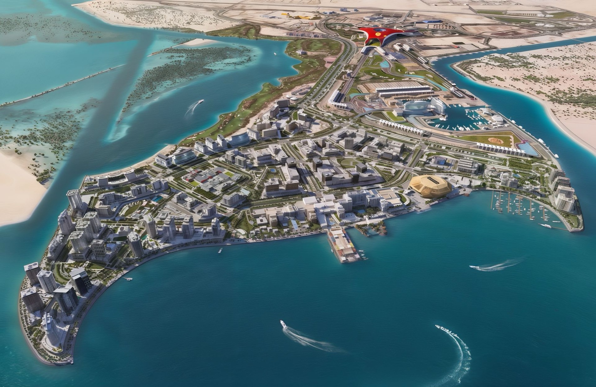 Aerial view of Yas Island, Abu Dhabi, its waterfront districts and marina set against the surrounding shallows.